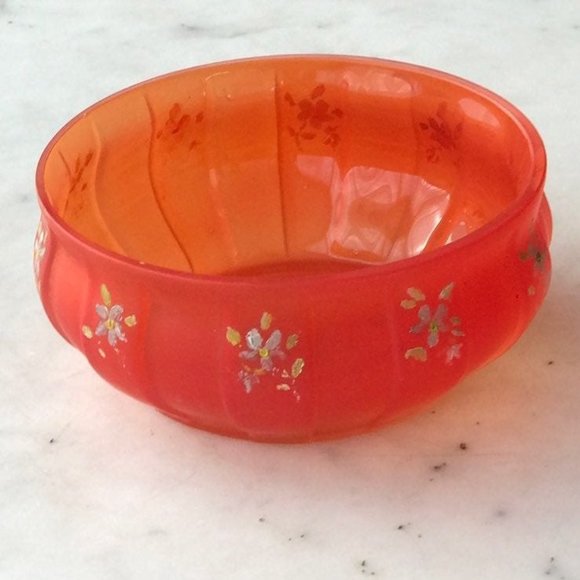 Vintage Curved Orange Glass Bowl Dish Flowers 60s Handpainted - Picture 1 of 8